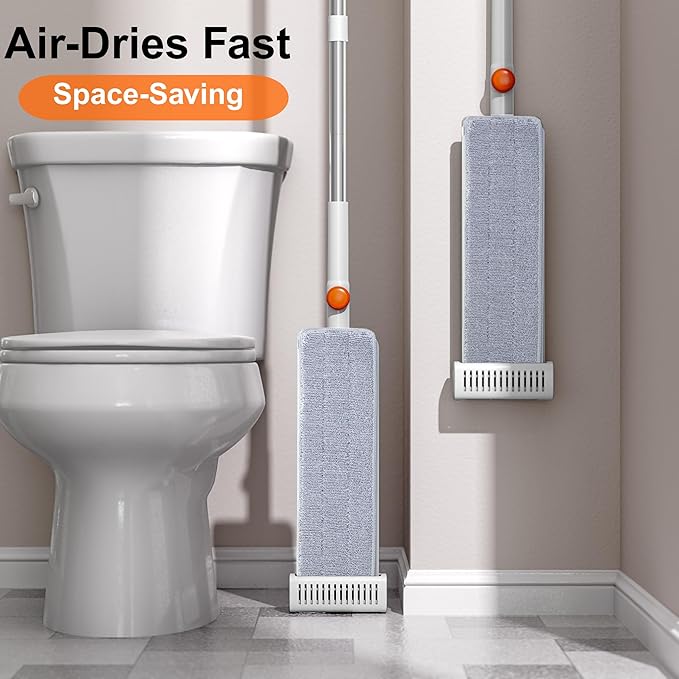 Self Wringing Mop, Hands Free Microfiber Flat Mop Wet Dry Floor | Microfiber pads, aluminum panel, wet dry cleaning system for floors walls windows, apartment use, 4 Reusable Pads