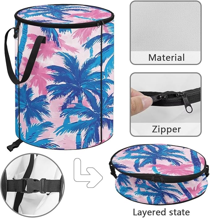 Blue Tropical Palm Trees Collapsible Camping Trash Can with Lid and Handles 24 Gallon Garbage Can Reusable Outdoor Trash Garden Leaf Bin Recycling Waster Bags