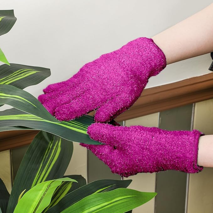 Patelai 3 Pairs Microfiber Dusting Gloves for Plants Leaf, Small | Purple, Rose Red, Black,Plant Cleaning Gloves, Reusable Washable Gloves,House Furniture Blinds Dusting