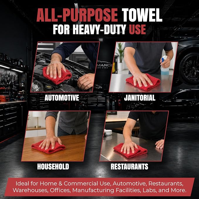 Premium Shop Towels Bulk, 100 Pack, 13”x14”, Reusable Red Towels, Durable & Multipurpose 100% Cotton Cleaning Towels for Auto, Oil, Grease, Paint, Garage, Workshop, Industries & Home Use