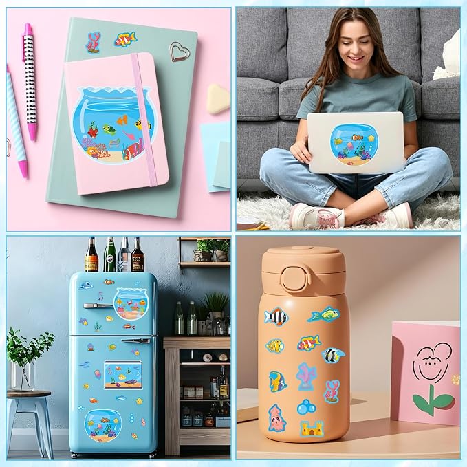 24 Sheets Make Ocean Animals Worlds Scene Stickers, Cute Under The Sea Ocean Animal Stickers Summer Fish Tank Scene for Party Favors Summer Activities Crafts