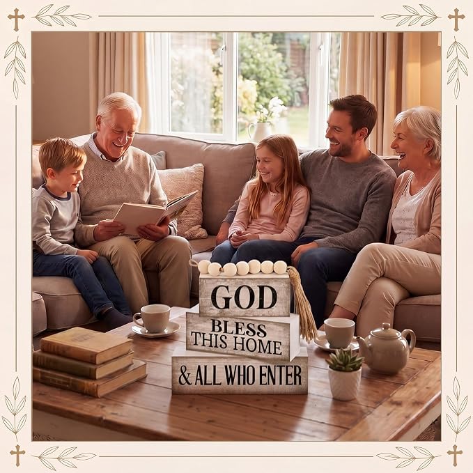 Moucuny 4 Pcs Christian Table Decor Rustic God Bless This Home Stacked Sign | Christian Living Room Mantle Decor, Stackable Signs with Bead Tassel, God Bless Theme, Rustic Centerpiece Gift for Home