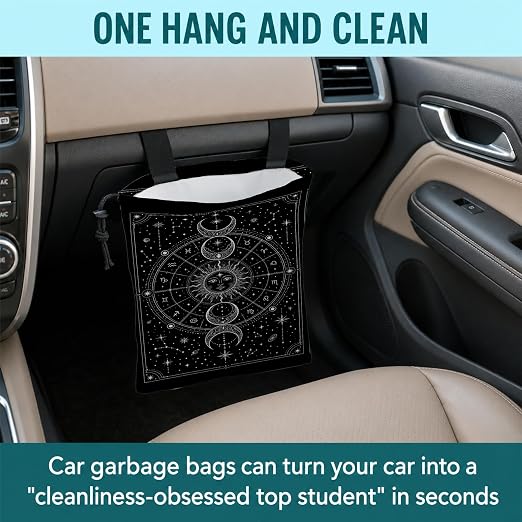 Mystical Witchy Astrology Car Trash Bag Hanging for Back Seat | Boho Sun and Moon Celestial Canvas Drawstring Car Garbage Bag with Adjustable Buckle Vehicle Trash Can