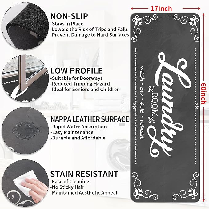 XLHOMO Laundry Room Rug Runner, 17"x60" Non Slip Grey Nappa Leather Laundry Rugs, Farmhouse Washable Floor Laundry Mats for Laundry Room, Kitchen, Washroom, Bathroom, Mudroom, Hallway Entryway Decor