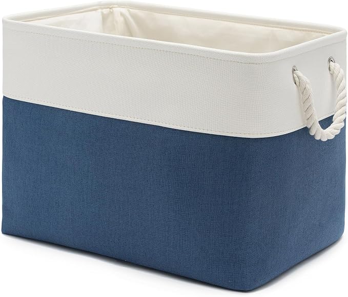 16x12x12 In Foldable Fabric Large Storage Bins with Handle 1 Pack | Storage Basket with Draw String Top, Sturdy Metal Strand, Cardboard Support Molding, for Shelf, Closet, Bedroom, White/Blue
