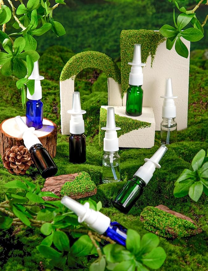 4 Pcs Nasal Spray Bottle, 10ML/0.35OZ 2 Pcs Brown Blue Empty Refillable Glass Fine Mist Nasal Spray Bottle with 1 Funnels and 1 Labels