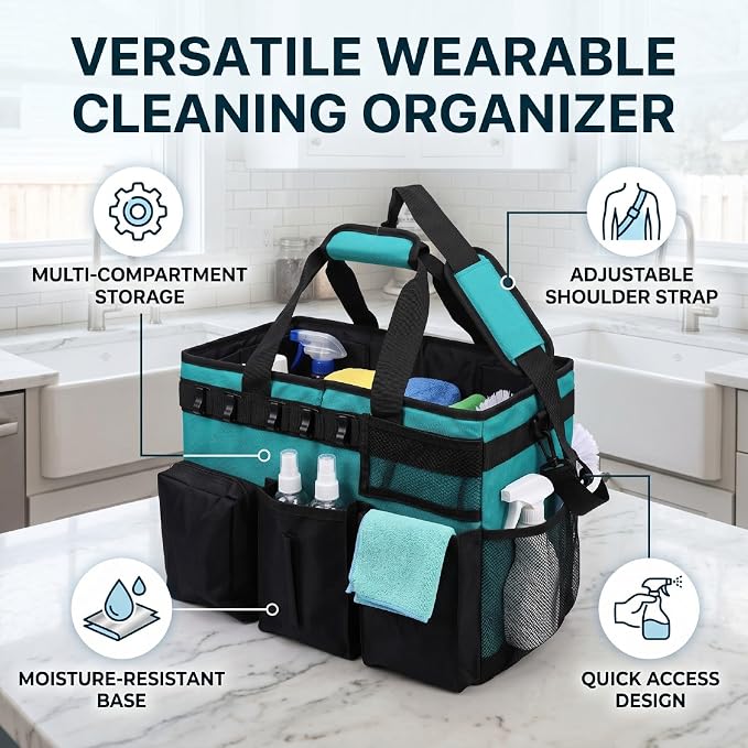 Fockety Cleaning Caddy Bag, 15.35x9.45x10.63in Portable Clean Organizer Tote Bag with Adjustable Shoulder Strap, 36.4oz Oxford Fabric Supplies Tool Storage for Housekeeping Cleaning