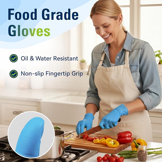 Blue Nitrile Gloves Disposable Latex Free, Food Safe | Rubber Gloves Powder Free for Food Prep, Cooking, Kitchen Cleaning