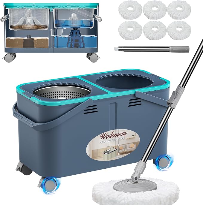 Easy-Rinse Mop Bucket Gen 2, Clean/Dirty Water Separation,Grey/Blue | 1.5 Gal Clean-Water Tank, 6 Reusable Heads, 4 Swivel Wheels, 61-Inch Handle, For Apartments, Hardwood, Laminate & Tile Floors