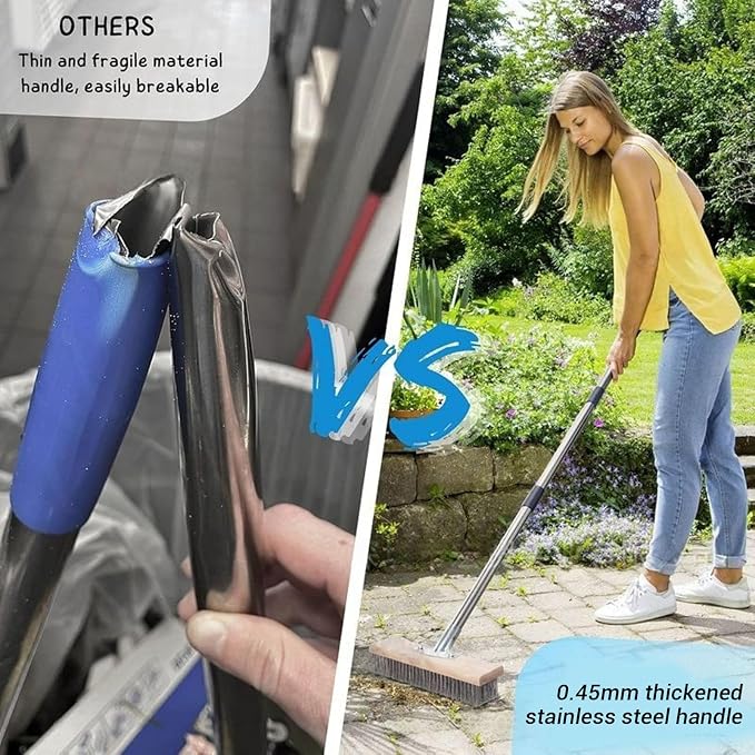 Deck Brush with Long Handle, Wire Deck Scrub Brush, High Efficiency Stainless Steel Deck Scrubber for Cleaning Concrete Patio Floor