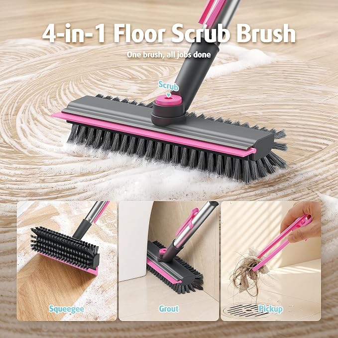 AIR U+ Floor Scrub Brush with Long Handle, 4 in 1 Floor Scrubber & Squeegee | Small Scrubber with Stiff Dual-Sided Bristles and Rotating Head for Shower, Bathroom, Bathtub, Kitchen and Patio, Pink