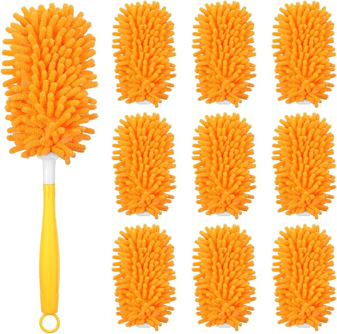 11-Pack Reusable Duster Kit – Heavy Duty Chenille Refills with Handle, 360° Microfiber Dusting for Home & Office (Orange)