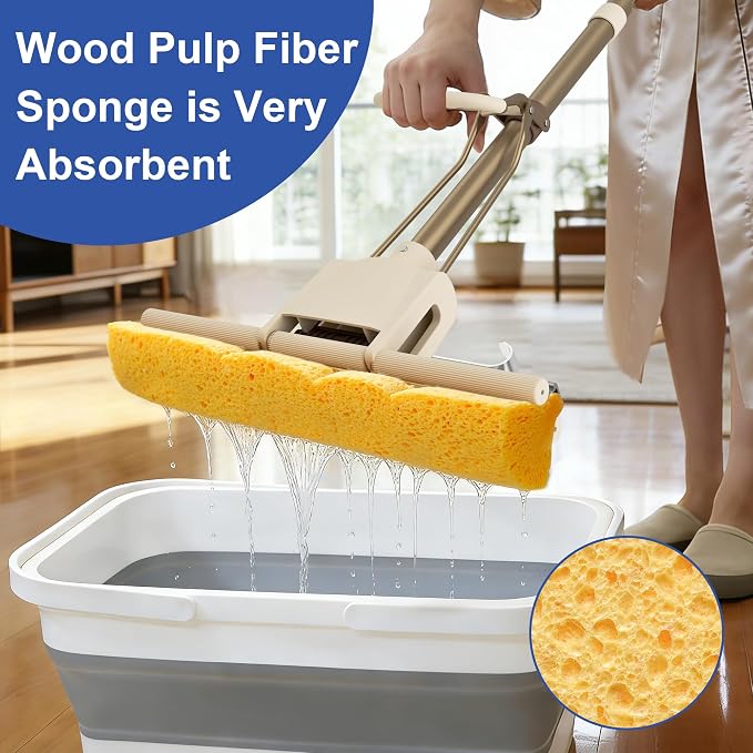 LILAC Cellulose Sponge Mop with 2 Replacement Heads,4-Color Handle for Zoned Cleaning, Super Absorbent Pop Up Roller Mop for Hardwood,Laminate Floors, Heavy Duty Floor Scrubber (Blue)