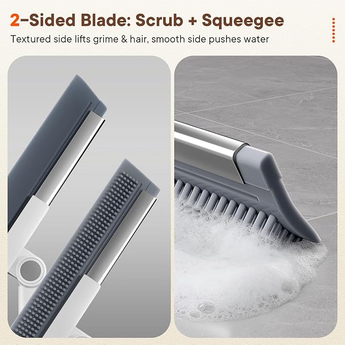 Floor Squeegee Broom with Rubber Scrubbing Teeth, 16 Inch 2-in-1 Magic Broom with 54 Inch Telescopic Long Handle, Shower Floor Squeegee for Bathroom, Kitchen, Tile, Concrete, Pet Hair