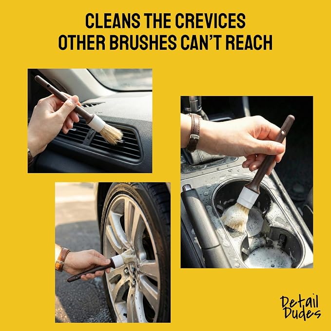 Car Detailing Brush Set 9-pc, Car Detailing Kit Interior by Detail Dudes | Boar Hair Car Detailing Supplies - Interior Soft Bristle Cleaning Brushes - Wheel Brush, Tire Brush, Tire Dressing Applicator