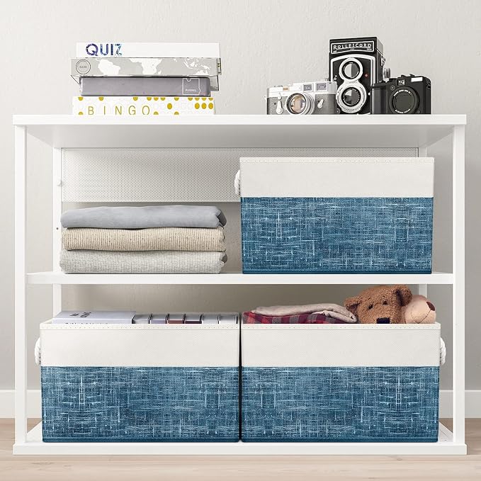 Storage Bins 6-Pack, Foldable Storage Baskets for Organizing Toys, Books, Shelves, Closet, Large Storage Box with Rope Handles, Sturdy Organizer Bins, White & Blue