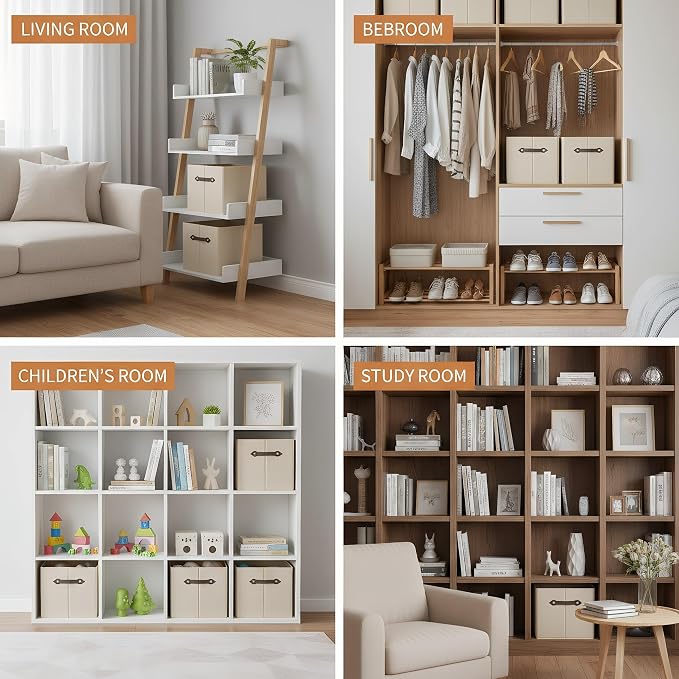 3 Pack Large Collapsible Storage Baskets for Shelves,14.9"x9.5" Fabric Closet storage Boxes with Leather Handles,Decorative Organizers Storage Bins for Clothes,Sheets,Toys,Books,Creamy-White