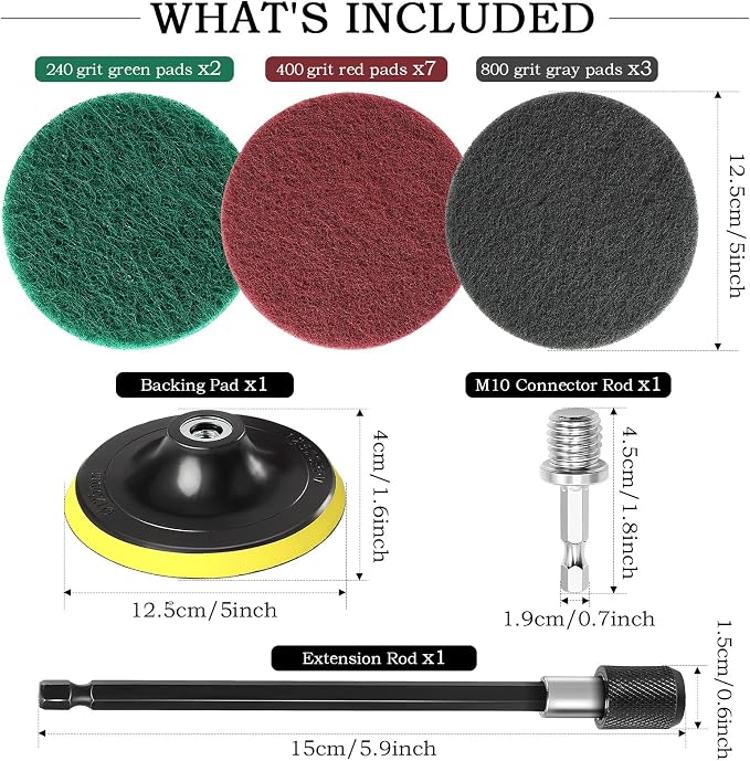 5 Inch 15 PCS Scouring Pads Drill Brush Power Scrubber Cleaning Kit | Hook and Loop Scrub Pads Drill Attachment with Accessories for Bathroom Scale Removal, Rust Removal, Metal & Tile Cleaning