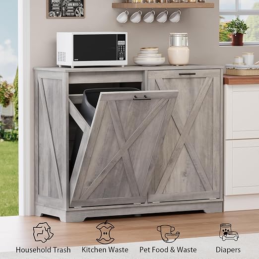 Double Tilt Out Trash Can Cabinet, Wooden Farmhouse Kitchen Garbage Bin Enclosure with Negative Ion Odor Control, Hidden Dog Proof Trash or Laundry Basket Storage for Laundry Room, Grey