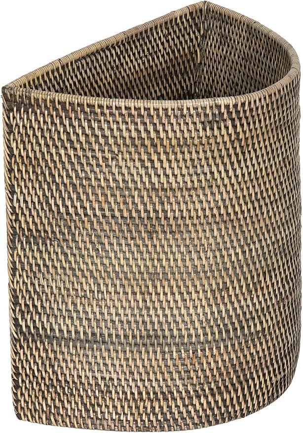 KOUBOO Half-Moon Rattan Waste Basket, Wicker Trash Can, Indoors, Black Wash | Handwoven natural texture, space-saving half-moon shape, lightweight design, ideal for paper and dry household waste