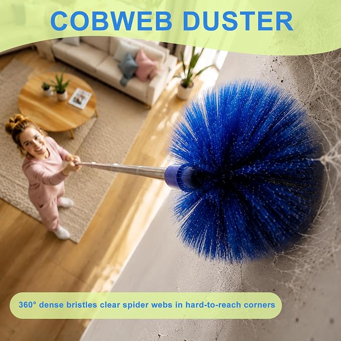Cobweb Duster with Extension Pole, Spider Web Brush, 100" Microfiber Feather Duster, Washable Cleaning Kit for Ceiling Fan, Furniture, Home, Blue