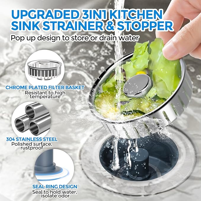 zaa 3 in 1 Kitchen Sink Drain Strainer Stopper Removable Basket Pop-Up | Kitchen Sink Accessories 2 Pack Brushed Silver Stainless - Food Catcher, Odor-Blocking Seal, Fits 3.5" Drain