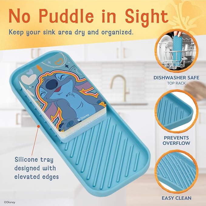 Disney Stitch Sink Drain Strainer, Dish Sponge & Silicone Sink Tray Set | 3-piece set with a strainer to prevent clogs, a tray to keep things organized, and a scrubber for dishes and counters