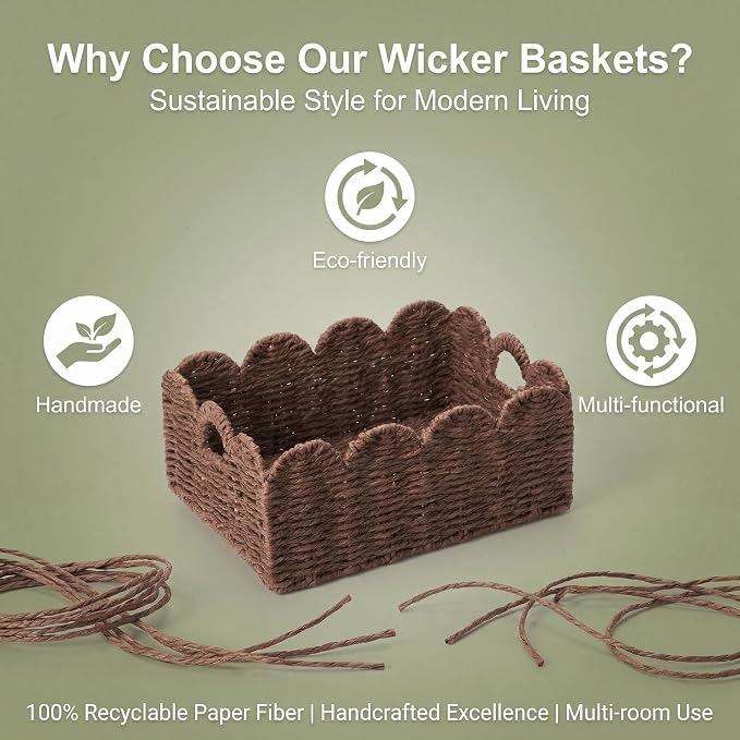 Scalloped Wicker Basket Set of 3, Hand-Woven Storage with Handles | set of 3 brown scalloped baskets with handles. Hand-woven paper rope for shelves, bathroom or closet. Stackable, sturdy.
