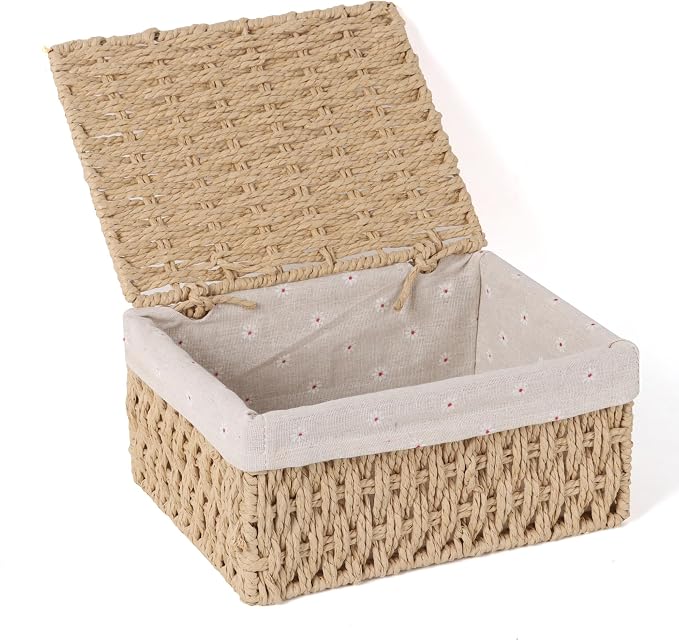 FEILANDUO Wicker Shelf Baskets Bin with Lid, Handwoven Paper Rope Baskets for Organizing, Rectangular Basket for Storage, Desktop Boxes with Lids Home Organizer Decor, Medium