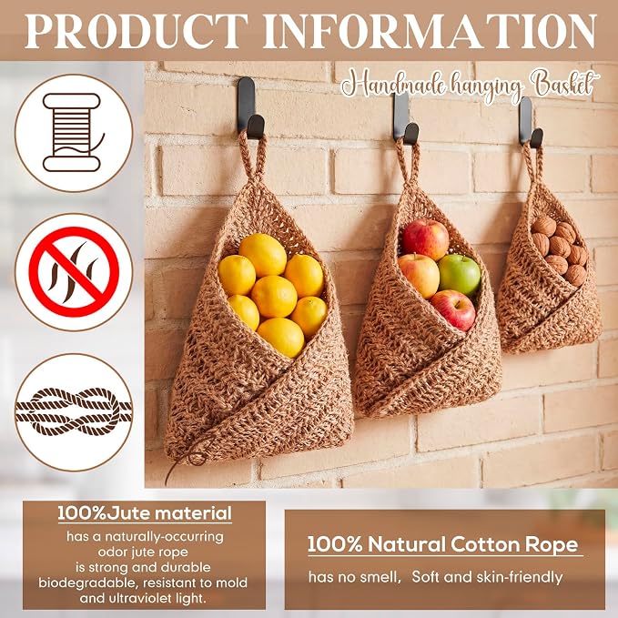 3 Hanging Baskets,Linen,Triangle,Jute | Wicker Wall Baskets with Hooks for Fruit Vegetable Onion Storage, Teardrop Organizer for Kitchen, Boho Farmhouse Decor