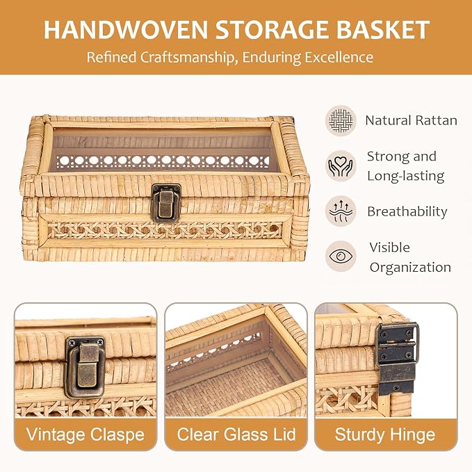 Hipiwe Rattan Storage Box with Lid Vintage Decorative Basket for Home Decor | Handwoven Wicker Basket Box for Display, Rectangular Storage Bin for Remotes, Keepsake, 9.8" x 5.9" x 3.1"
