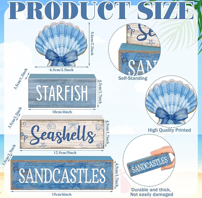 Moucuny 4 Pcs Beach Wooden Signs Table Decor with Shell, Tiered Tray | Coastal Nautical Theme Rustic Style, Summer Home Kitchen Centerpiece, Decorative Blocks for Tiered Trays