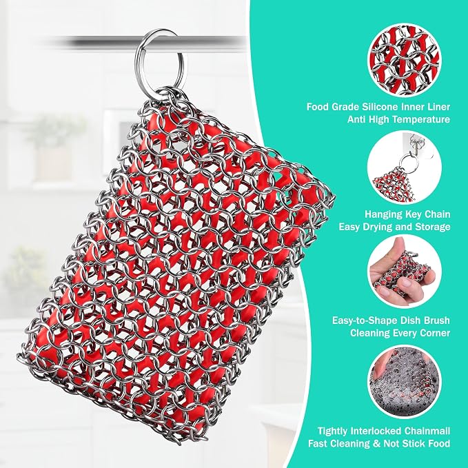 HAUSHOF Cast Iron Scrubber, Chainmail Scrubber Cast Iron Cleaner | Multi-Purpose Cleaning;Easy to Clean;Soft Silicone Liner;Protects Cast Iron Seasoning