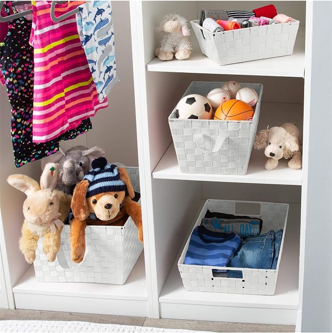 Simplify 2 Pack Large Storage Shelf Totes with Woven Strap in Heather Grey | Decorative | Baskets | Organization | Accessories | Drawer | Desk | Closet | Bathroom | Bedroom | Nursery | Toys | Gifts