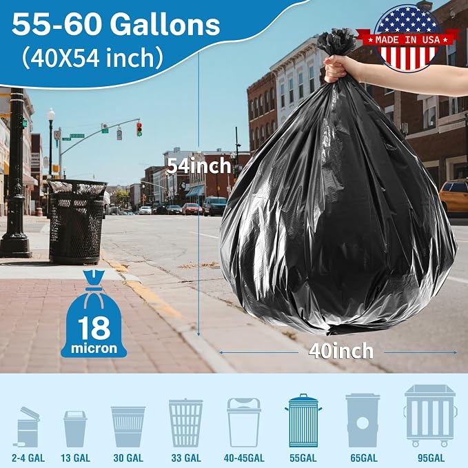 Heavy Duty Trash Bags 55-60 Gallon, Black - 150 Count Bulk Pack | 40" x 54" | Durable & Tear-Resistant Garbage Bags for Home, Commercial, Construction & Outdoor Use | Made in USA