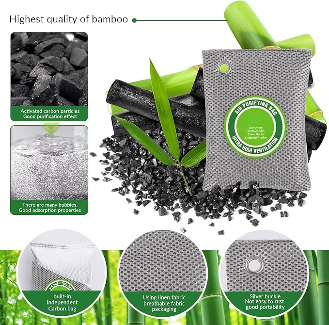 2 Bags Natural Air Purifying Bag | Bamboo Charcoal Odor Absorber for Home & Car | Closet Odor Eliminator, Small Room Deodorizer & Car Air Freshener | Charcoal Bags (200g- gray, Unscented)
