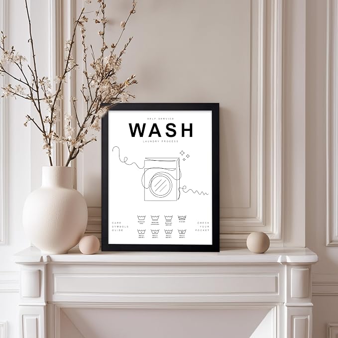 Poster Master 3-Piece Wash Dry Fold Print - Laundry Poster - Line Drawing Art - Black & White Design - Symbols & Guide Art - Minimal Laundry Room Decor - 11x14 Black Framed