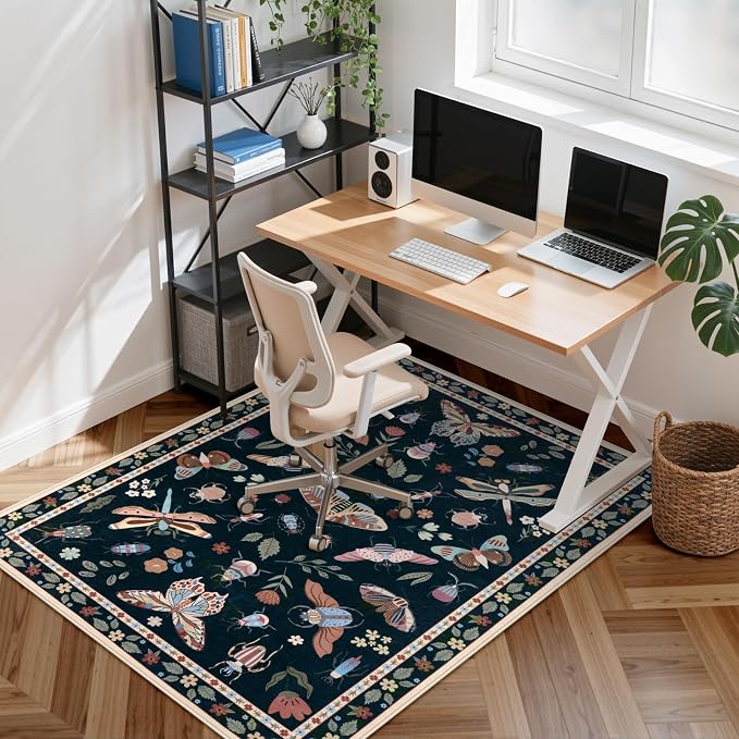 Anidaroel 48"x60" Office Chair Mat for Hardwood Floor/Tile, Black Anti-Slip Computer Chair Mat, Insect Print Office Rugs for Rolling Chairs, Low Pile Desk Floor Mat for Hardwood Floors