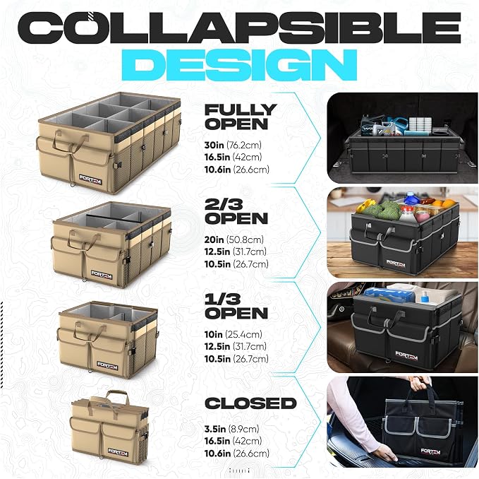 FORTEM Trunk Organizer - Foldable Car Organizer & Storage for SUVs & Trucks | Car Accessories for Men Women, Collapsible Bag, Non Slip Bottom, Straps, Soft Cover, 600D Oxford, Beige, 6 Compartments, 85L