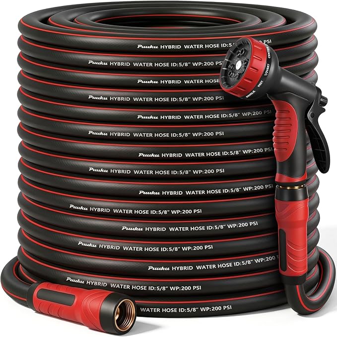 Garden Hose 100ft x 5/8", NON-EXPANDABLE Heavy Duty Hose with Nozzle | 10 Function Spray Nozzle, No Kink, Leakproof, Lightweight Hybrid Hose with Swivel Handle, Male to Female Fittings