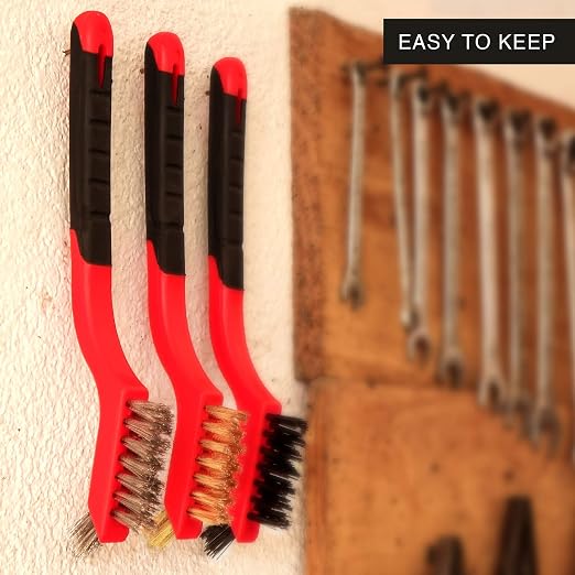 Wire Brush Set 3Pcs - Nylon/Brass/Stainless Steel Bristles with Curved Handle Grip for Rust, Dirt & Paint Scrubbing with Deep Cleaning – 7 Inches (Red)