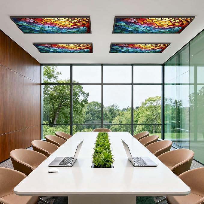 4 Pack Fluorescent Light Covers for Ceiling Lights ocean waves Colorful stained glass window Abstract stained glass Art Decorative Magnetic Light Cover Light Filters for Classroom Office Home