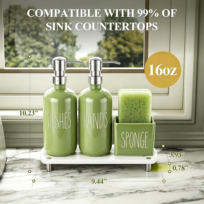Cisily Olive Green Kitchen Soap Dispenser Set with Ceramics Sponge Holder | Stainless Steel Silver Pumps, and Instant Dry Tray, Hand and Dish Soap Dispenser Set, Kitchen Sink Olive Green Decor