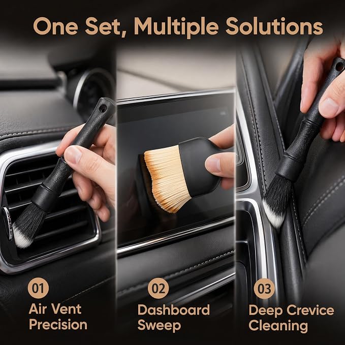 3-Piece Car Interior Detailing Brush Set, 2 Brown Soft Bristle Brushes and 1 Long-Handled Black Dusting Tool with Protective Case for Dashboard, Air Vents, Console, Crevices, Seats, Car Accessories