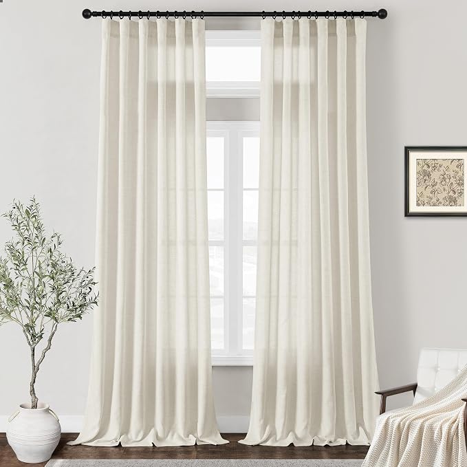 Natural Linen Curtains 126 Inches Long 2 Panels Cream Semi Sheer | for Living Room Bedroom Drapes, Hook Belt, Rod Pocket, Window Curtain, Boho Neutral, Light Filtering Drapes, 126Inch Length