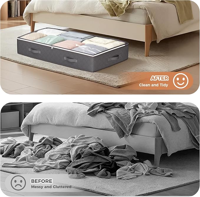 Budding Joy 95L Under Bed Storage Containers, 2 Pack Storage Bins, Grey | Underbed Storage Bags for Blankets, Towels, Comforter, Sweaters, Linen Sheets, Wrapping Paper