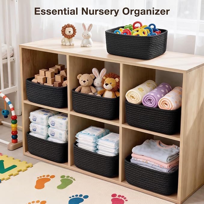 3 Pack Small Baskets for Organizing, Woven Storage Baskets for Shelves | 11.8x7.8x3.8 in Cotton Rope Baskets, Toy Baskets Storage Kids, Basket Organizer, for Living Room, Bedroom, Nursery, Black