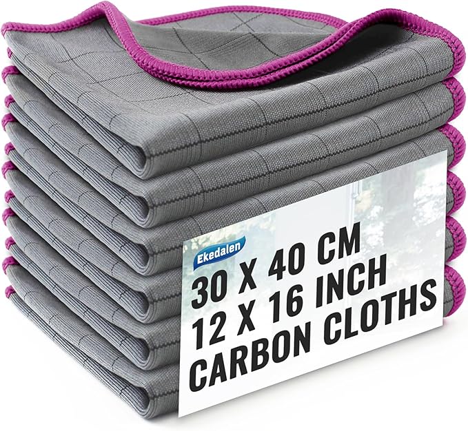 Microfiber Cleaning Cloth Lint Free Glass Polish, Purple-Dark Grey | 400GSM Carbon Fiber Cloth for Glass Window Mirror Kitchen, Streak Free, Auto Detailing Easy Clean, 16 x12 in, 6 Pcak
