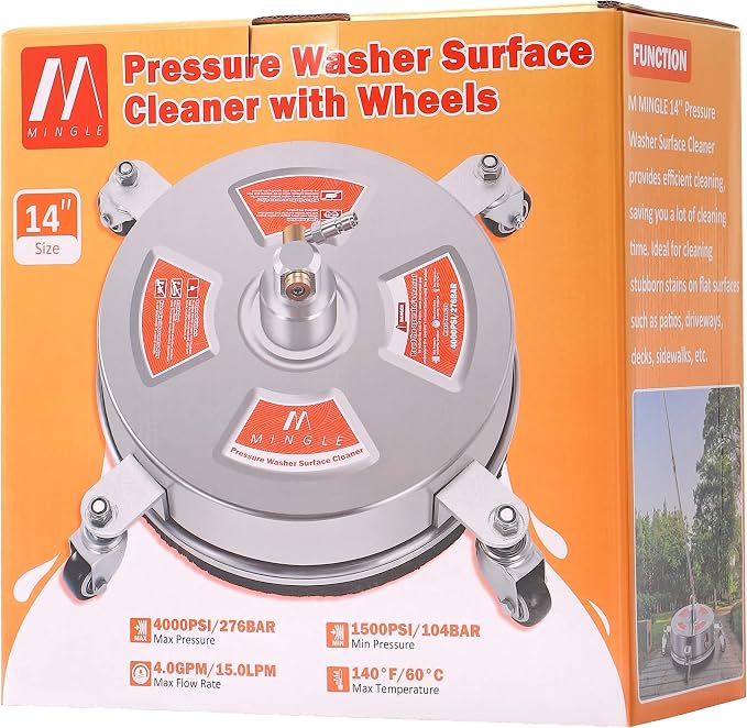 M MINGLE 14'' Pressure Washer Surface Cleaner Attachment, 4000 PSI | Driveway Power Washer Accessory with 2 Extension Wands, 1/4" Quick Connect, Ideal for Cleaning Driveways and Sidewalks