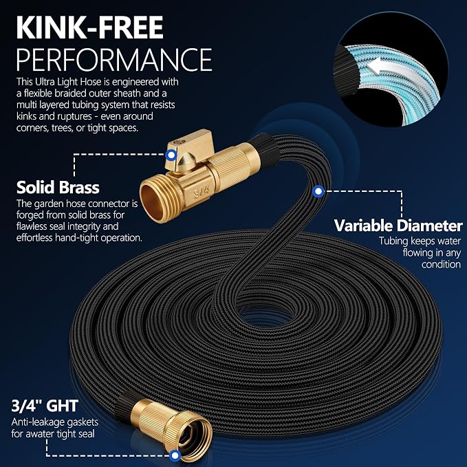 Flexible Garden Hose 75 FT, Ultra Lightweight Water Hoses 75FT w/10 Function Sprayer and 3/4" Brass Fittings, Kink-Free, Sturdy, Abrasion Resistant for Yard, Lawn, Outdoor and Gardening(Black)